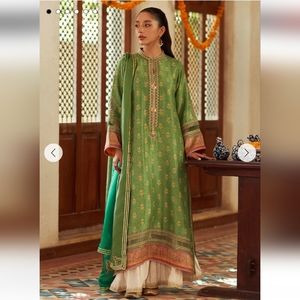 FTA green printed silk medium size 3 piece shalwar kameez